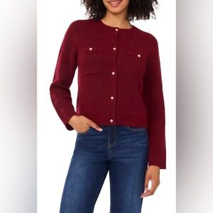 Cece Burgundy Sweater gold Button Details casual preppy medium $109 nwt plush